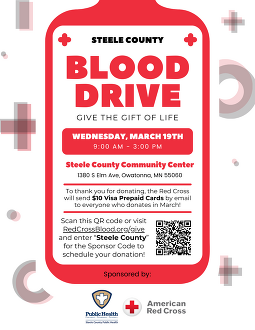Steele County Blood Drive on March 19th from 9:00am to 3:00pm