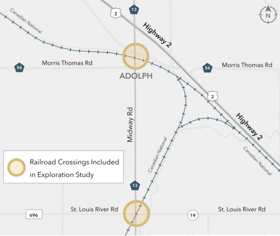 Midway Road railroad crossings map