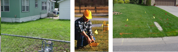 3 pictures on horizontal line. Left pic-backyard meter in foreground, Middle pic - worker marking utility line, right pic - marked front yard.