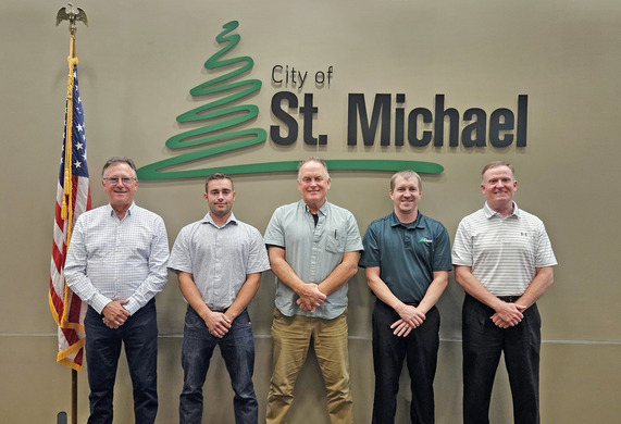 2025 St. Michael City Council. Left to Right - Council Members Chuck Lefebvre, Zach Schoen, Mayor Joe Hagerty, Ryan Gleason and Tom Hamilton