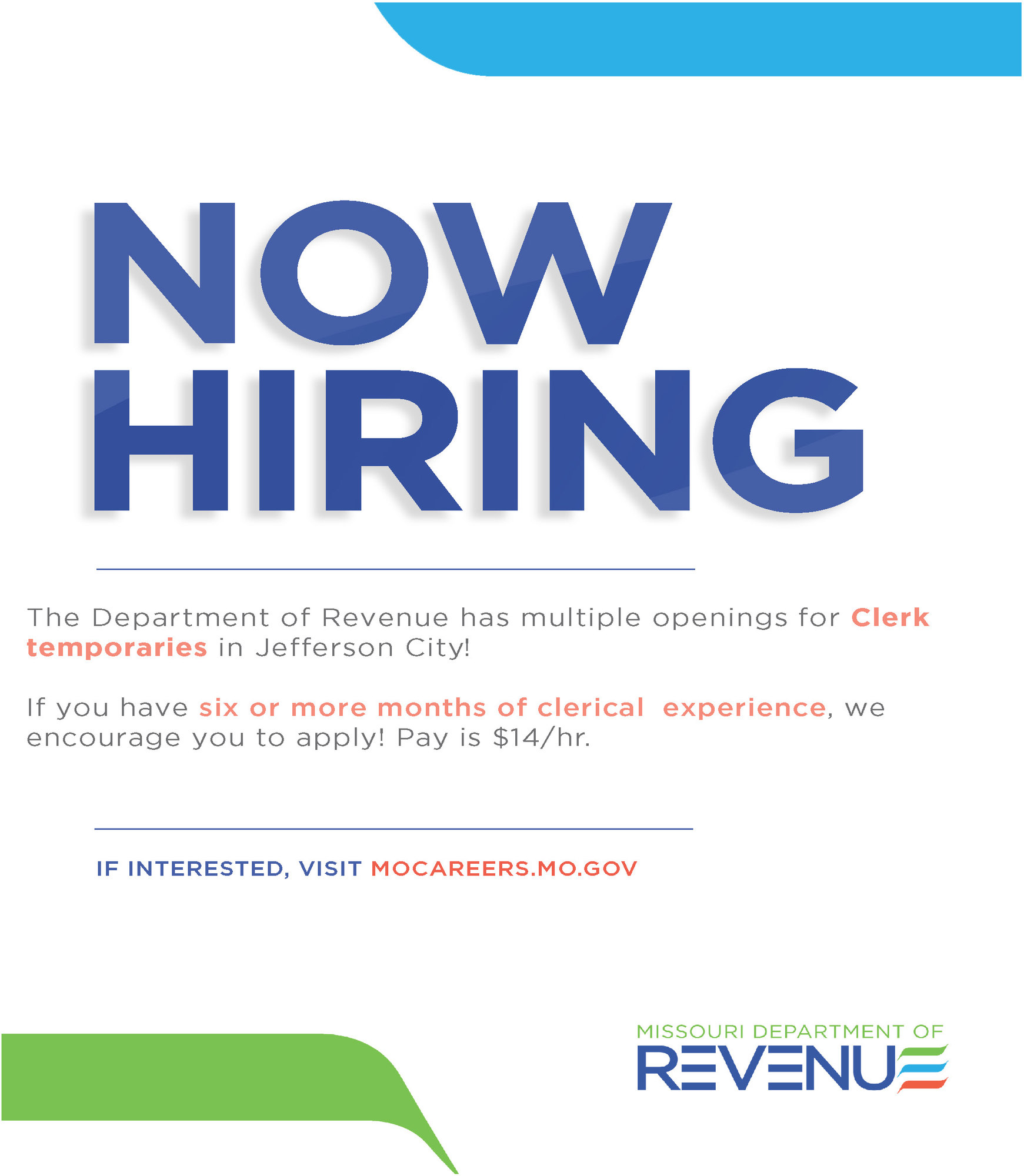 NOW HIRING Missouri Department of Revenue Temporary Clerks