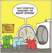A group of socks next to a dyer with the words: Everyone, remember the buddy system
