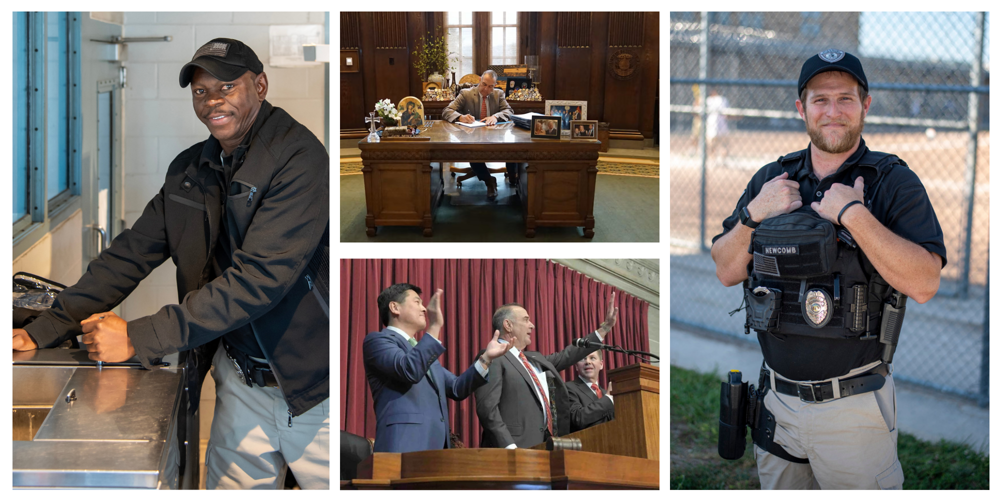25 Things: We compensated staff for tough jobs. Photo collage - State of the state address, corrections staff at work
