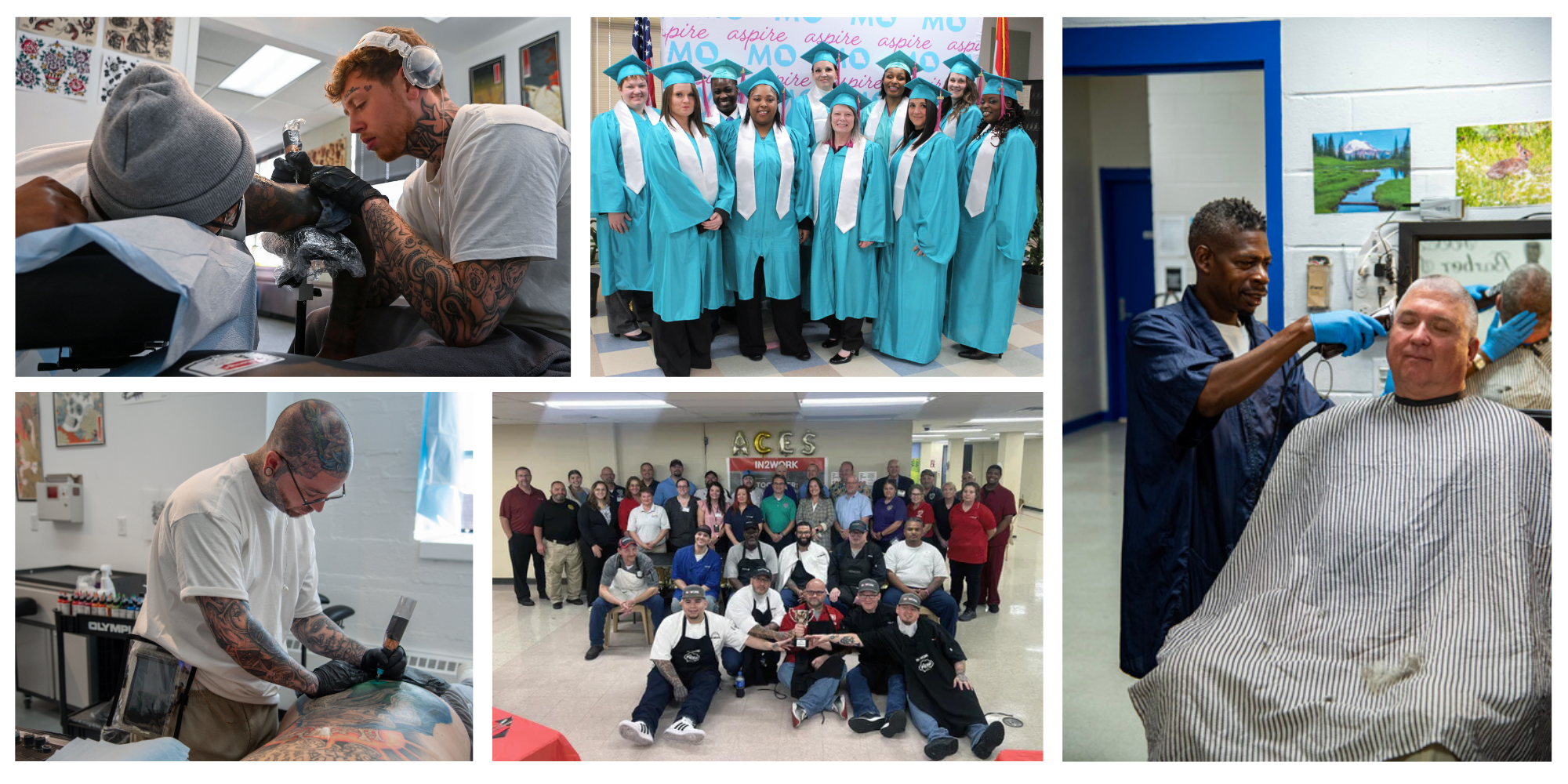 Photo collage - tattoo program, barber program, graduation ceremony, In2Work 25 Things: We set people up for job success.