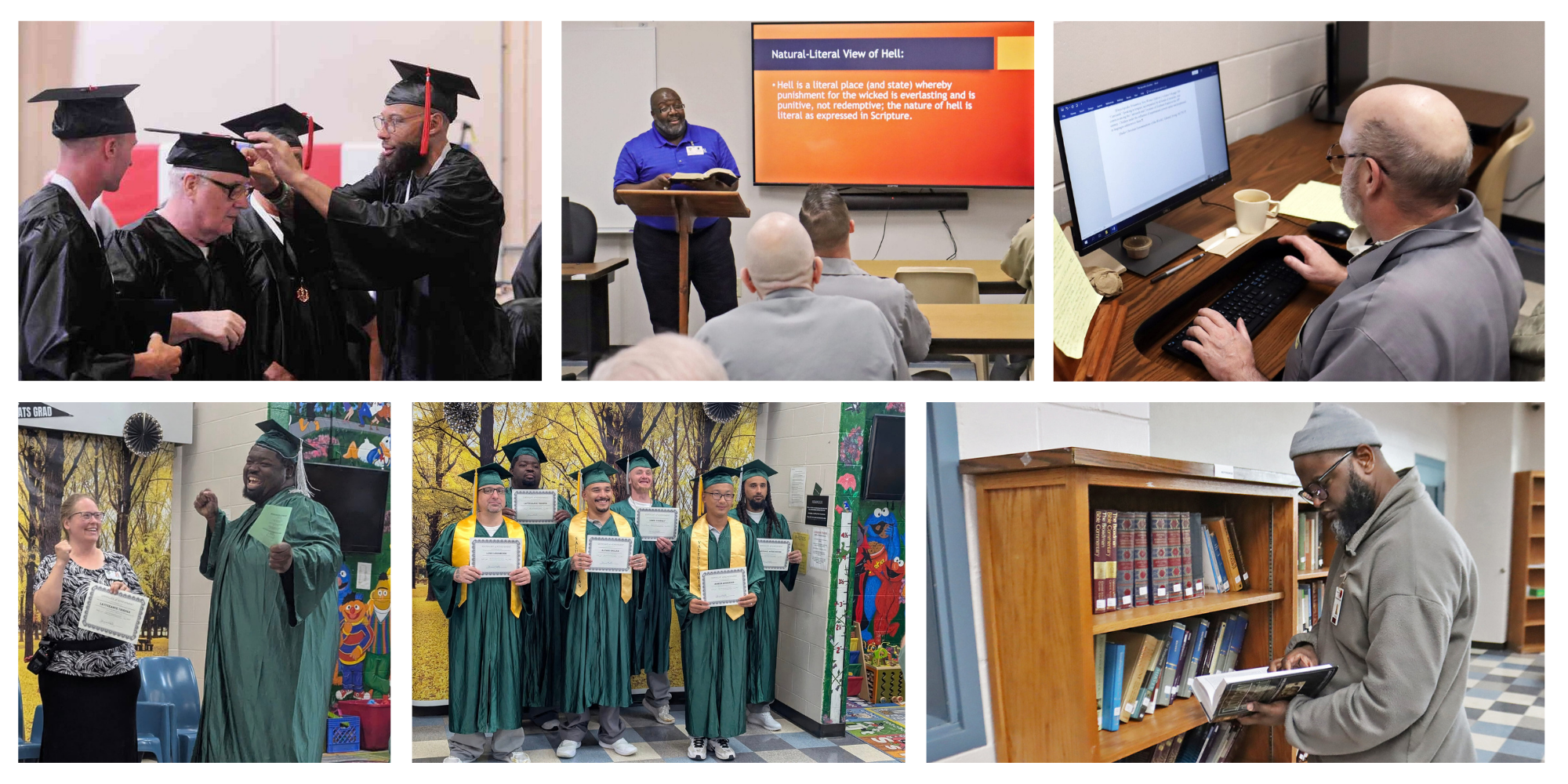 25 Things: We went to school. Photo collage - prison classrooms and graduation ceremonies