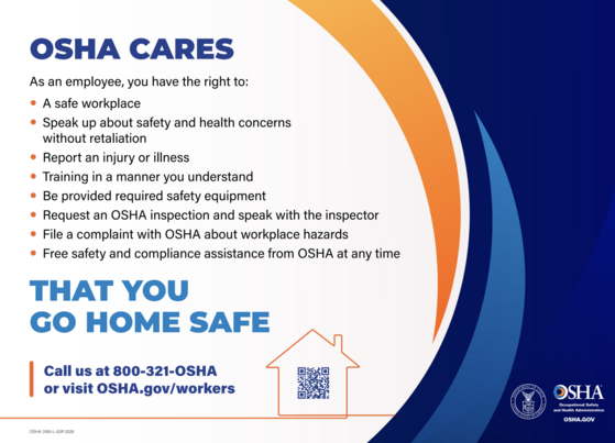 OSHA CARES infographic detailing employee rights for workplace safety.