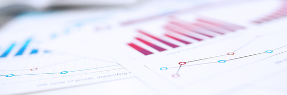 A close-up, shallow-focus photograph of printed business reports showing various blurred bar charts and line graphs in red and blue.