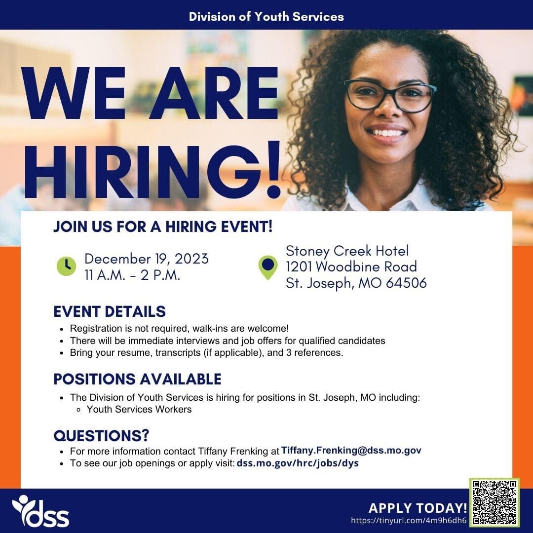FSD- Division of Youth Services December Hiring event flyer