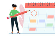 Planning concept. Woman standing with huge calendar and holds big marker. 