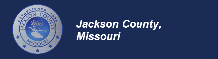 Jackson County Gov Seal on blue background with white text: "Jackson County Missouri"