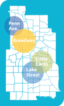 Map of focus areas for Collaborative Safety Strategies grant, showing Broadway, Penn Ave., Lake Street and Little Earth.