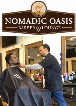 photo of owner of the nomadic oasis barber lounge and their logo