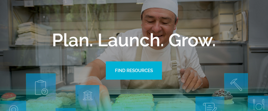 Plan. Launch. Grow. written over photo of a chef in his bakery, screenshot of Minneapolis Business Portal