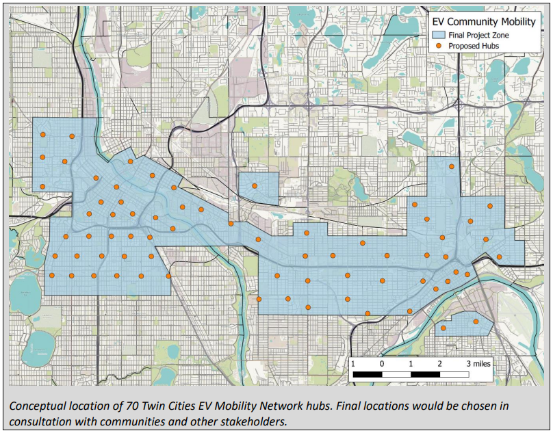 Conceptual location of 70 Twin Cities EV Mobility Network Hubs. 