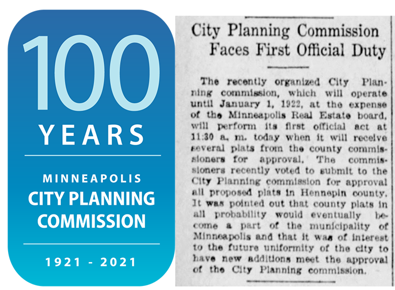 City Planning Commission 100 year mark logo with an old newspaper from 1921