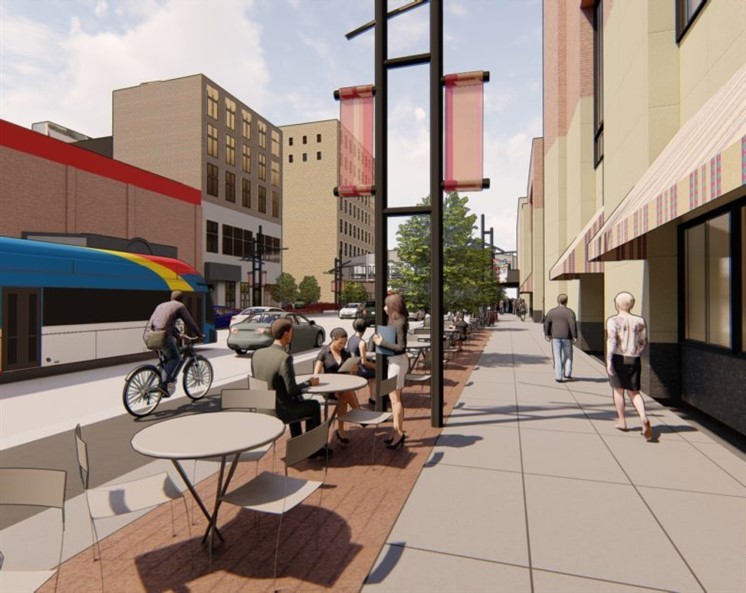 rendering of people on patio area on Hennepin Ave.