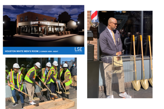 collage: exterior of a building rendering, city leaders posing to break ground with shovels in their hands, person standing at podium outside