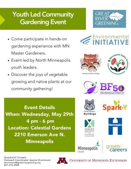 flyer for a youth-led community gardening event happening on May 29th at Celestial Gardens
