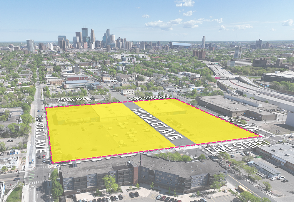 aerial view of the area surrounding the intersection of Lake Street and Nicollet Avenue in Minneapoilis