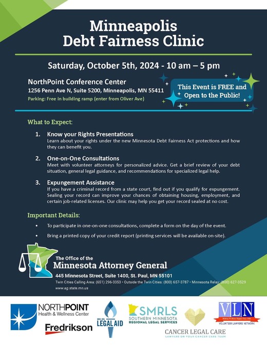 Minneapolis debt fairness clinic flyer