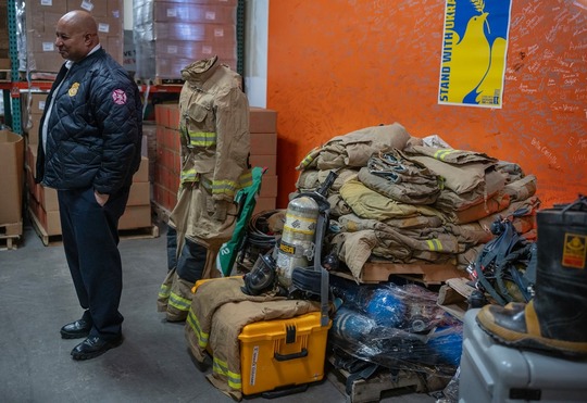 Minneapolis Fire Department Chief Bryan Tyner spoke about the fire equipment donated to Ukraine. (Jerry Holt/The Minnesota Star Tribune)