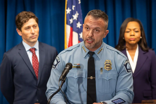 MPD chief O’Hara speaks at a press conference (CREDIT: Ben Hovland, MPR News)