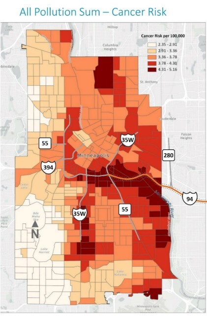 A map depicting increased cancer rates along the I-94 highway corridor.