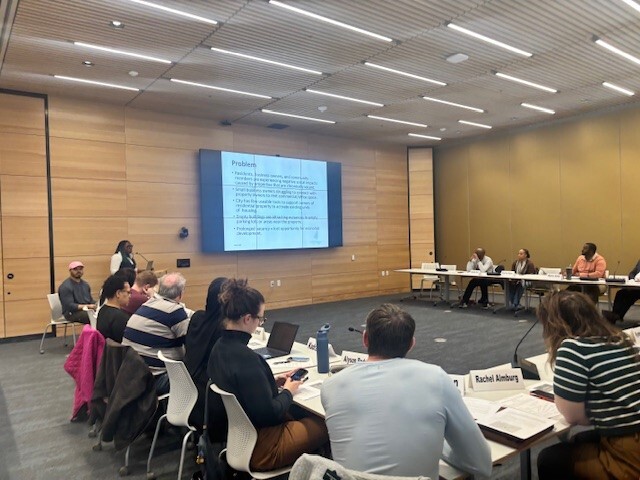 Council Members Wonsley and Ellison presenting about vacancy fees to the Housing Advisory Committee. 