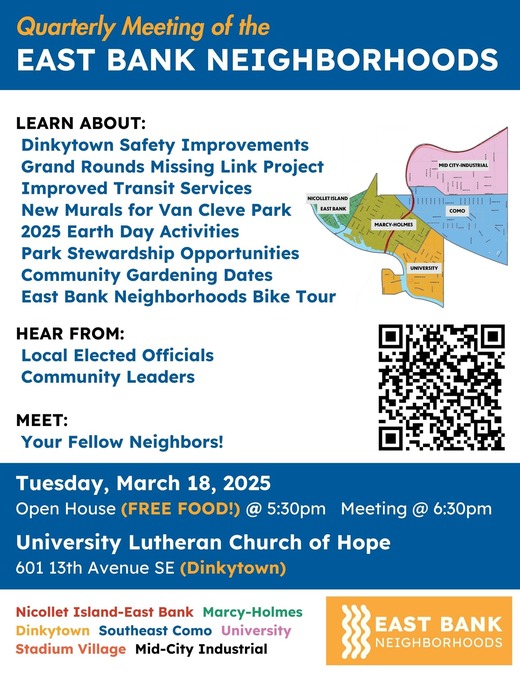 Flyer for the East Bank Neighborhoods Partnership Meeting