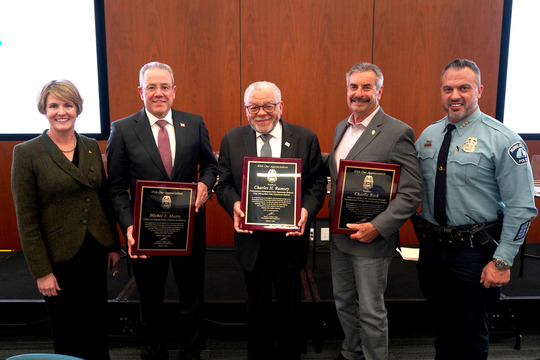 Left to right: Cornelia Sigworth, Michel Moore, Charles Ramsey, Charlie Beck and Chief Brian O’Hara.