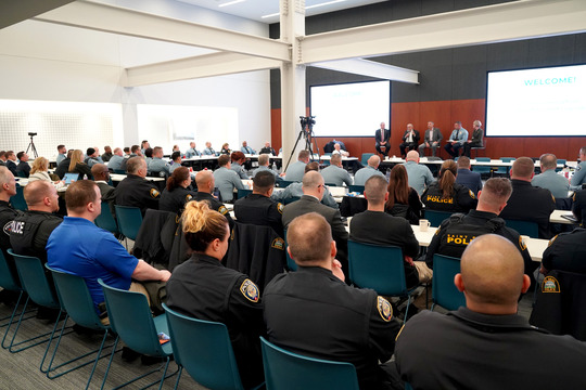 Chief Brian O’Hara welcomes representative of law enforcement partners from throughout the Twin Cities to a special panel discussion on March 5.