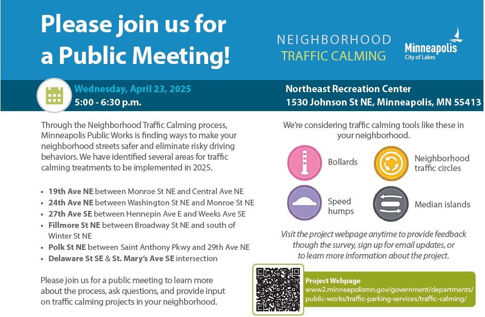 Flyer for Traffic Calming projects in Wards 1 and 2. This will be mailed to every home near a project area. 