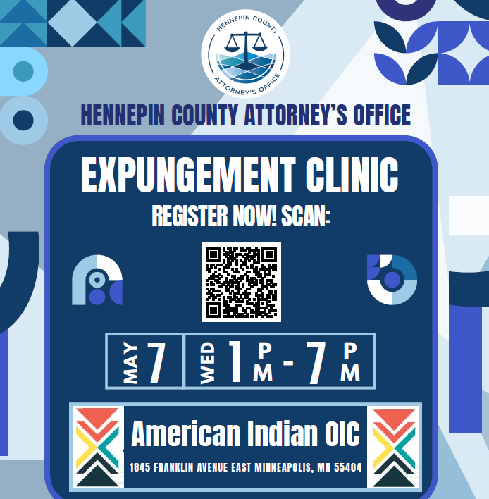 Flyer for the Hennepin County Attorney’s Office Spring 2025 Expungement Clinic. 
