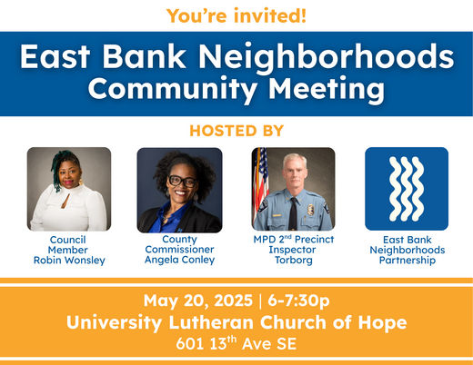 Flyer for the East Bank Neighborhoods Community Meeting