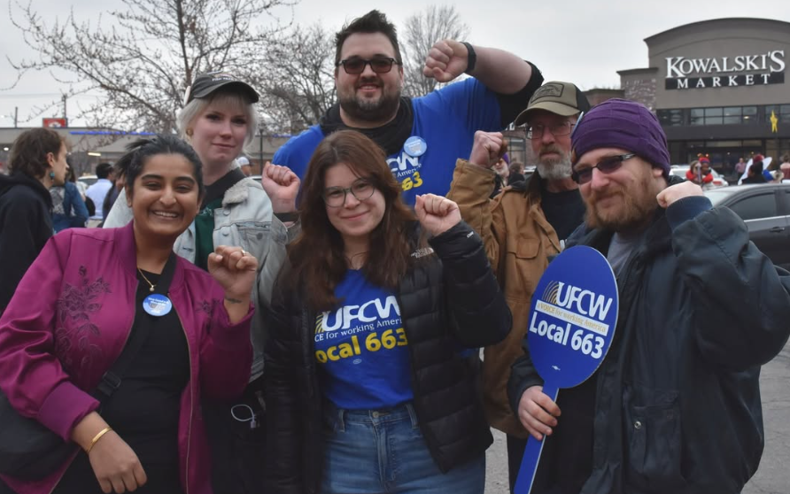 Council Vice President Aisha Chughtai poses with rank-and-file members of UFCW 663, at the union's informational picket