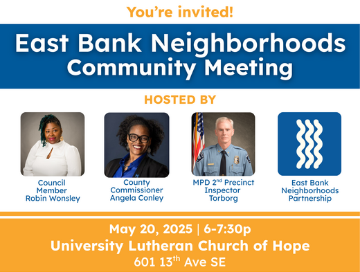 Flyer for the East Bank Neighborhoods Community Meeting
