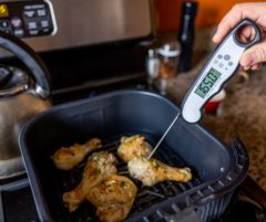 checking temperature of chicken using a food thermometer