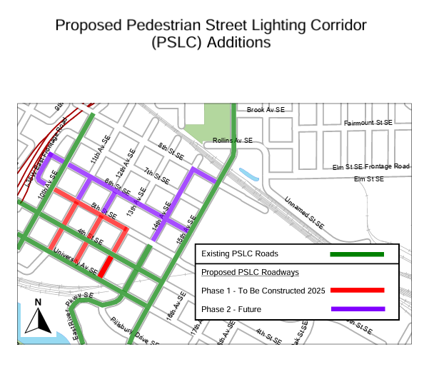 Map of proposed additions to the Pedestrian Street Lighting Corridor. 