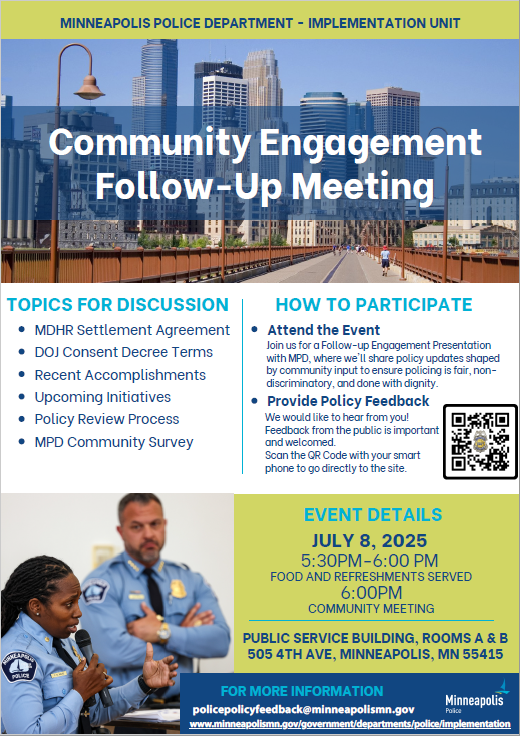 Flyer for the MPD Implementation Unit Follow-Up Community Engagement Event. 