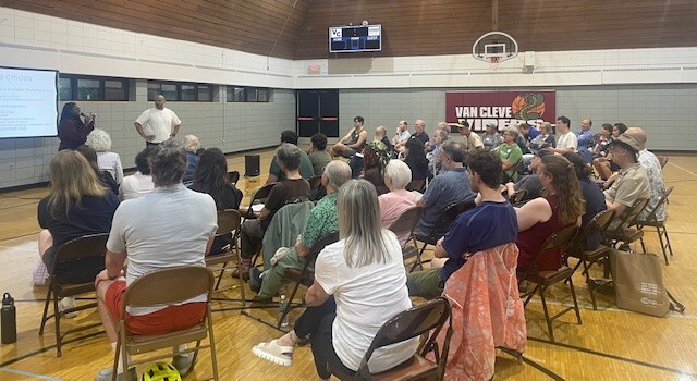 Council Member Wonsley speaking alongside Council President Payne at the East Bank Neighborhoods Partnership Meeting. 