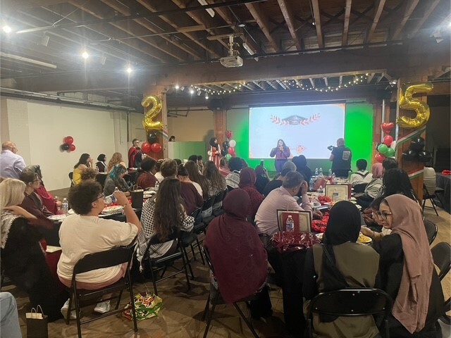 Council Member Wonsley speaking at the Palestine Graduation Celebration. 