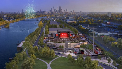 rendering of proposed Upper Harbor performance venue beside the Minssissippi River with Minneapolis skyline in the background