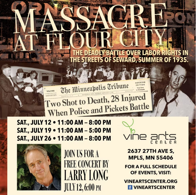 Event poster for Massacre at Flour City art and history event at the Ivy Building. 