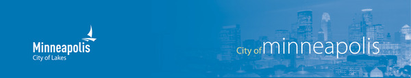 Blue banner with faded image of the Minneapolis skyline, plus the text "City of Minneapolis" and a city logo