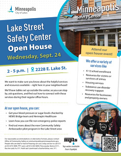 Lake Street Safety Center Open House Flyer. Text about the event is written in newsletter.