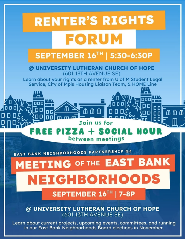 Flyer for Renters Rights Forum and Quarterly Meeting of the East Bank Neighborhood Partnership. 
