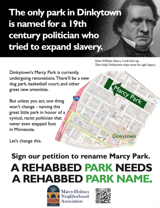 Poster about the resident-led effort to rename Marcy Park.