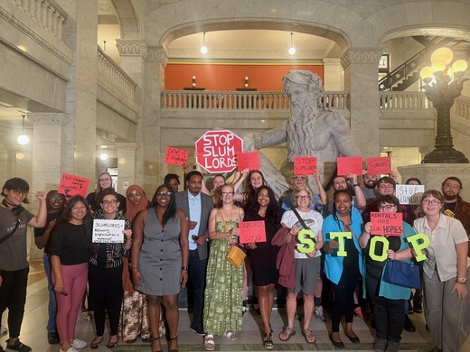 The STOP Slumlords kickoff including Council Members Osman, Wonsley and Chowdhury; directly impacted renters, and community supporters.