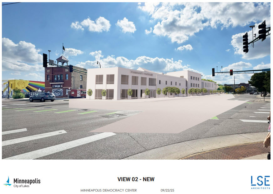 Democracy Center rendering LSE Architects E Lake St and Minnehaha Ave