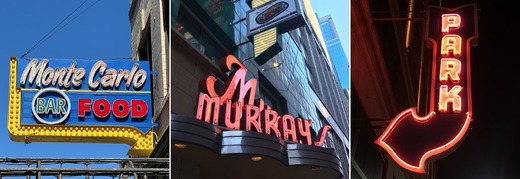 three vibrant neon signs for businesses in downtown Minneapolis